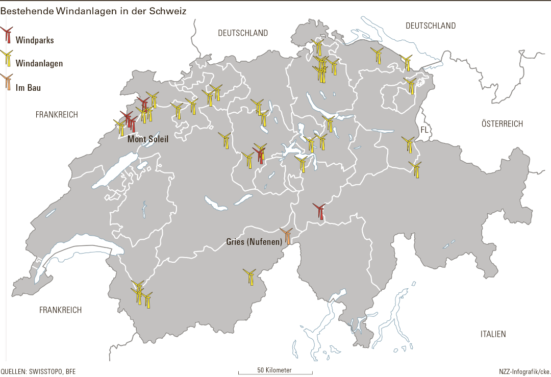 Karte der Schweizer Windkraftanlagen